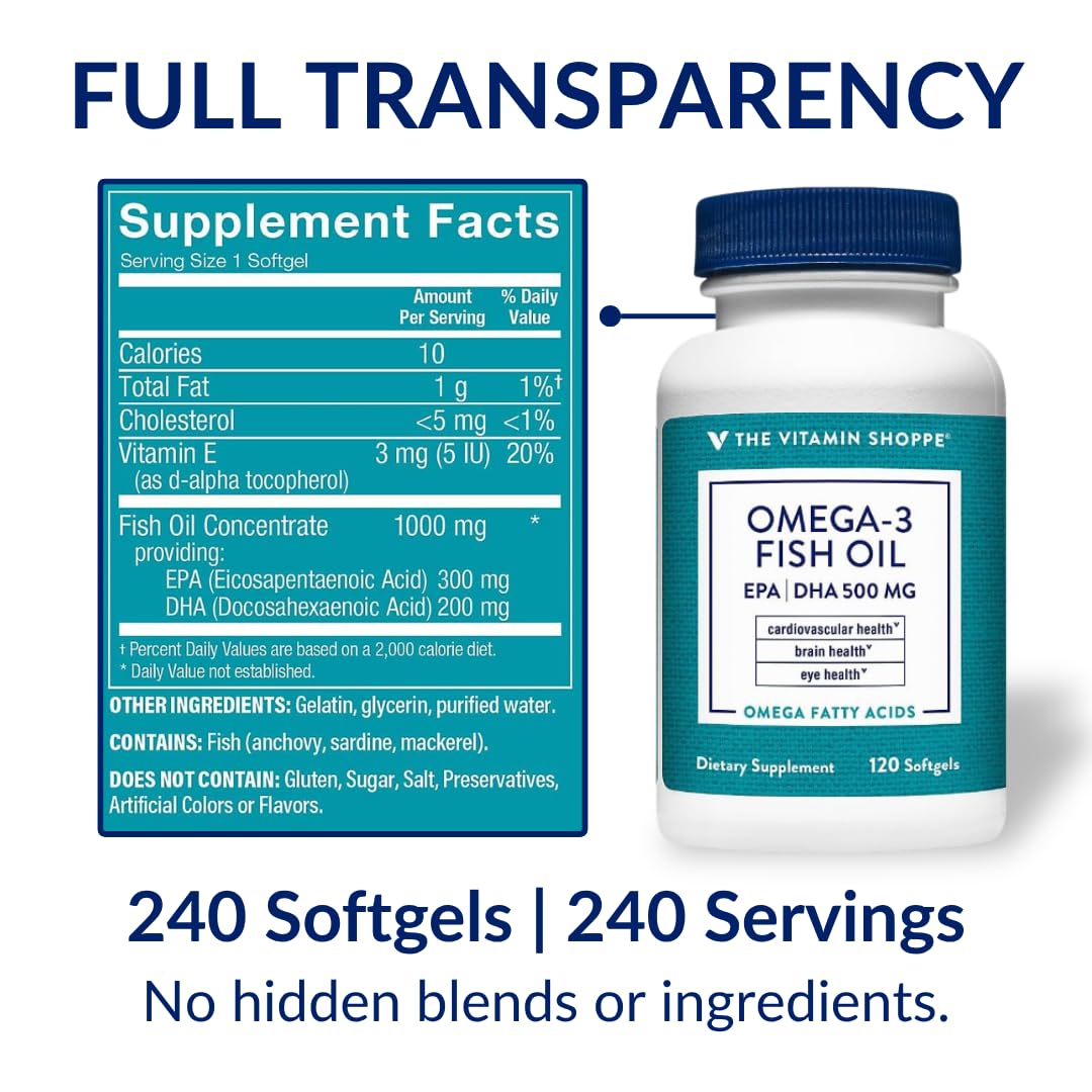 Suplement ​The Vitamin Shoppe Brand Omega 3 Fish Oil 1000mg with EPA DHA 500mg, Cardiovascular, Brain & Eye Health Support for Men and Women, Sourced from Anchovy, VelvetGlow USA