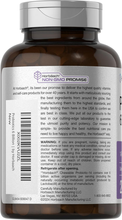 Horbäach Probiotics 6 Billion CFUs | 200 Chewable Tablets | Berry Flavor | 14 Probiotic Strains | Vegetarian, Non-GMO & Gluten Free Supplement for Men & Women