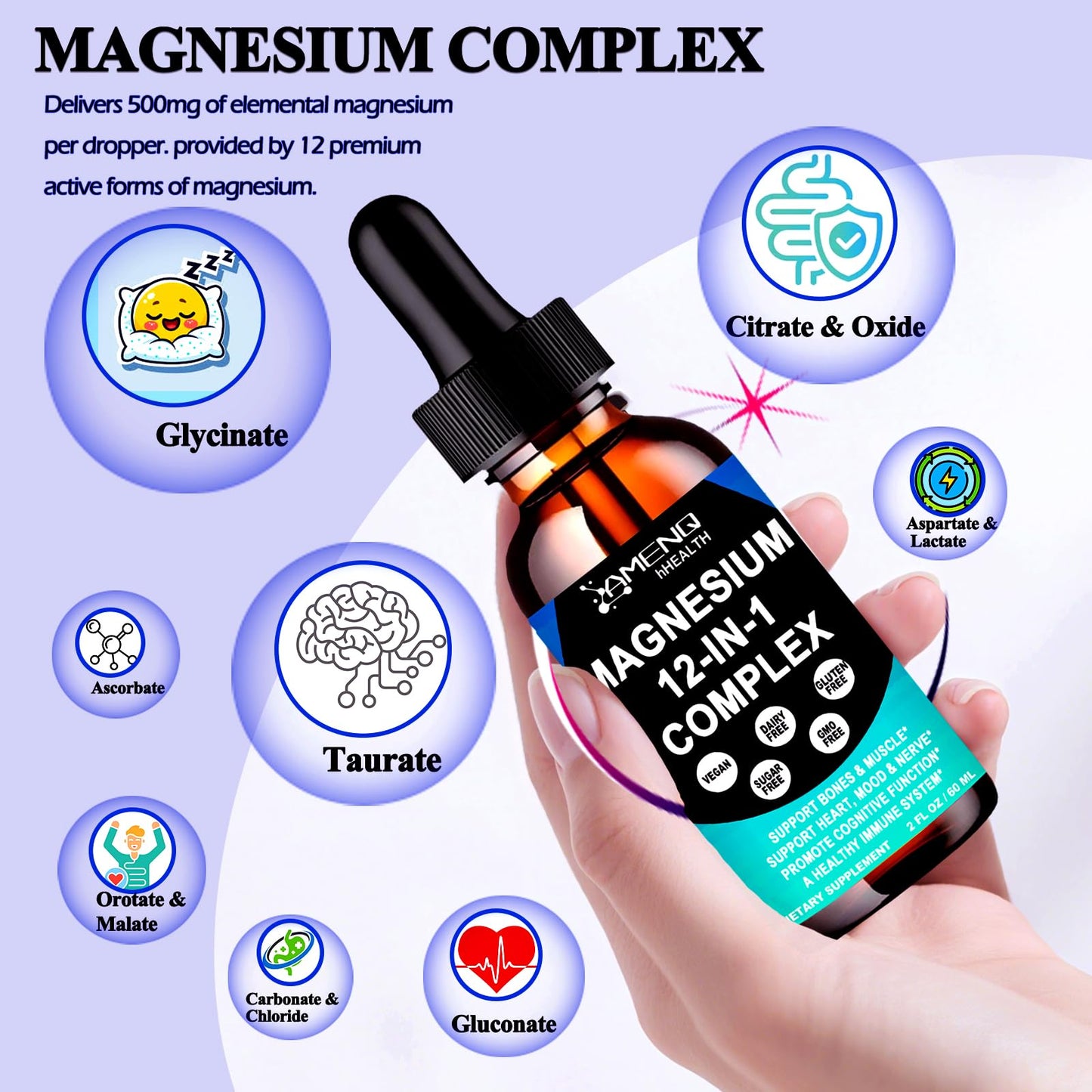 Magnesium 12 in 1 Complex Liquid Drops Magnesium Supplement w. Glycinate Citrate Malate Taurate Oxide Aspartate Orotate, Calm Magnesium for Sleep Muscle Heart Support丨Max Absorption Liquid Formula AMENQ hHEALTH buy supplements Au