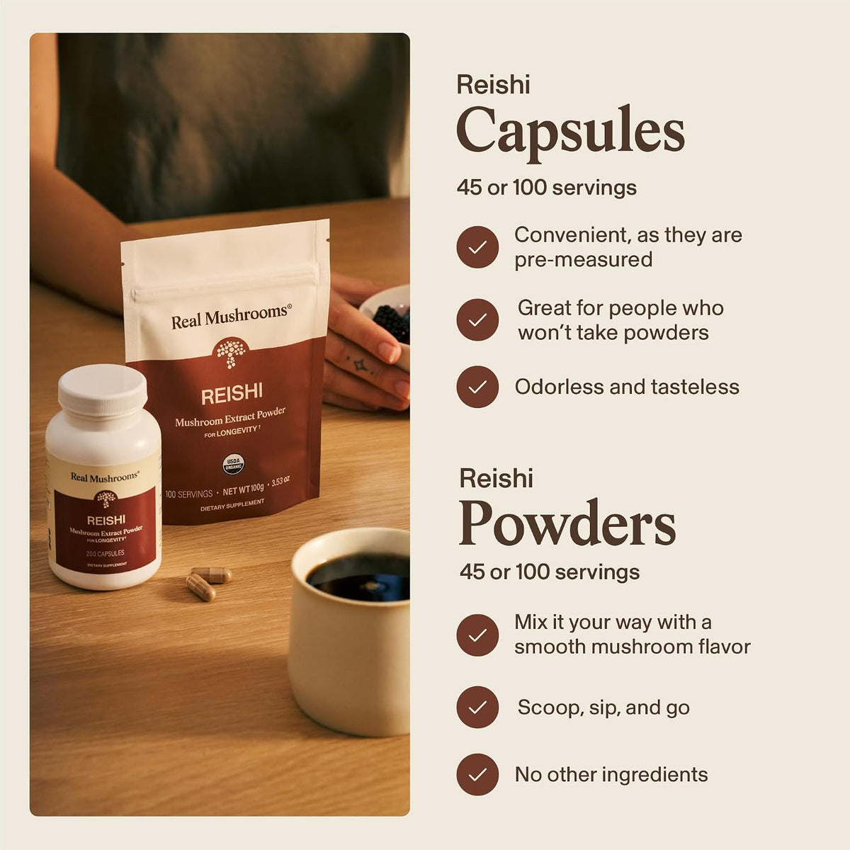 Real Mushrooms Reishi Mushroom Powder - Handpicked Organic Mushroom Extracts - Red Reishi for Tranquil Daily Wellness with Verified Beta Glucans Vegan, Non-GMO, No Grain Fillers, 100 Servings