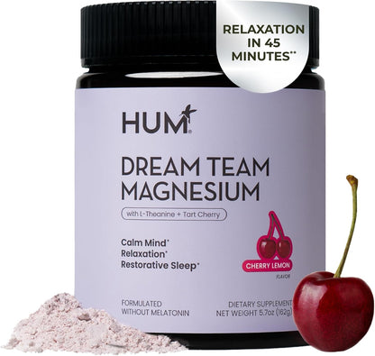 HUM Nutrition Flatter Me Fiber + Dream Team Magnesium Powder Bundle – Digestive Support Fiber & Magnesium Bisglycinate Drink Mix with L-Theanine & Tart Cherry, Cherry Lemon, 2-Product Wellness Routine