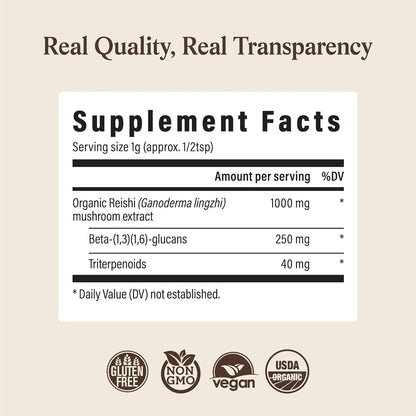 Real Mushrooms Reishi Mushroom Powder - Handpicked Organic Mushroom Extracts - Red Reishi for Tranquil Daily Wellness with Verified Beta Glucans Vegan, Non-GMO, No Grain Fillers, 100 Servings