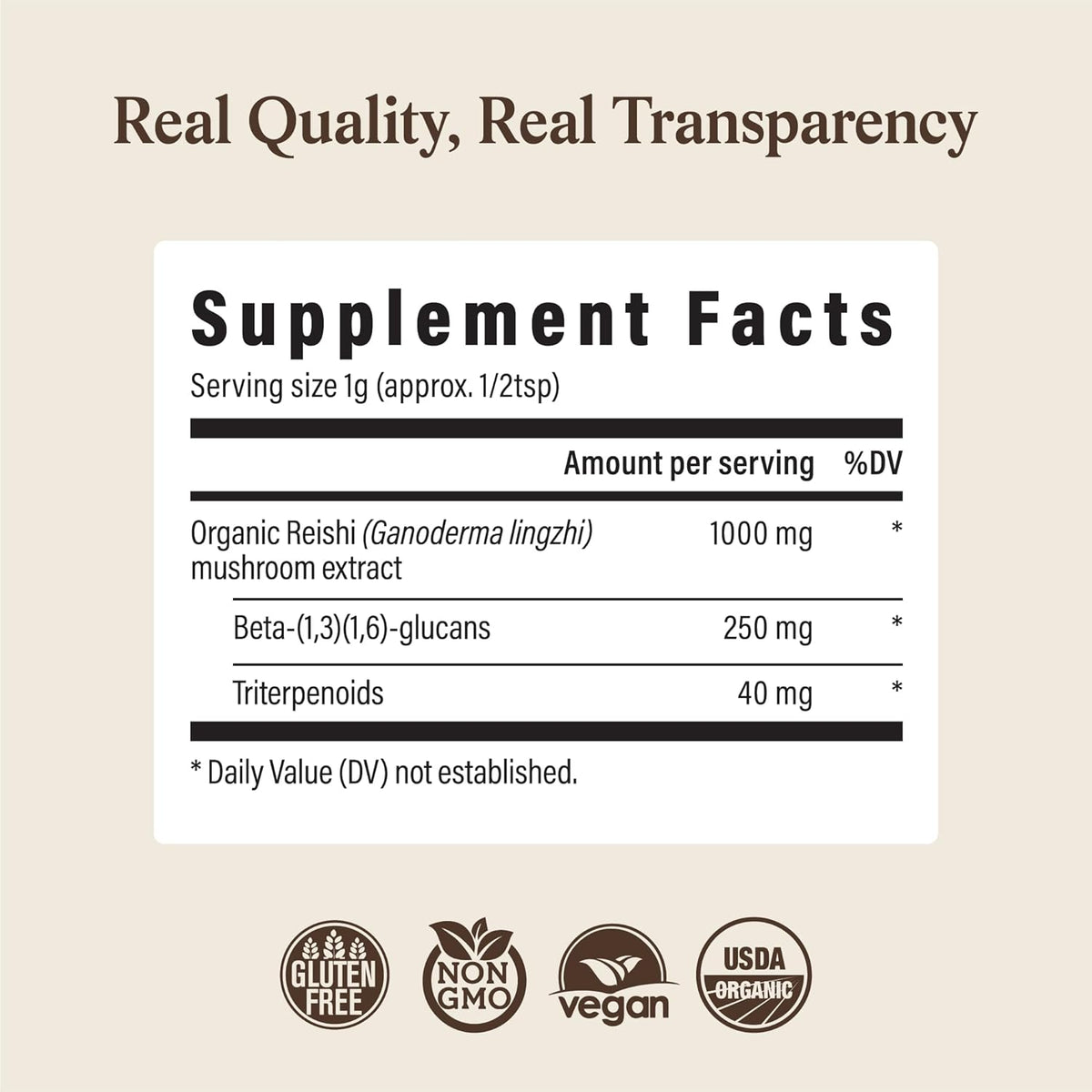 Real Mushrooms Reishi Mushroom Powder - Handpicked Organic Mushroom Extracts - Red Reishi for Tranquil Daily Wellness with Verified Beta Glucans Vegan, Non-GMO, No Grain Fillers, 45 Servings