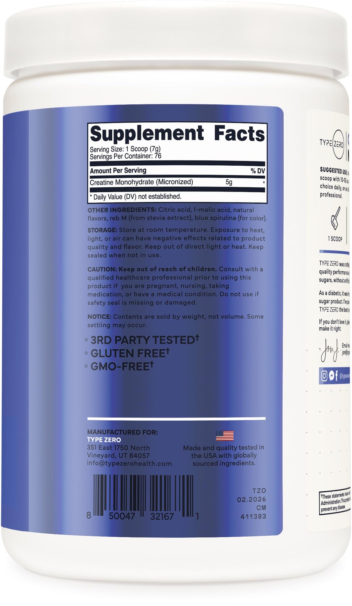 Type Zero Creatine Monohydrate Powder (Unflavored) 500 Grams, Micronized | 5000mg Per Serving, Zero Sugar, Keto Friendly & Gluten-Free, 100 Servings