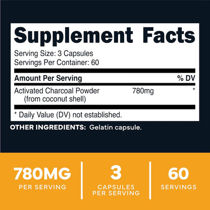 Type Zero Activated Charcoal (780mg) 180 Capsules, 60 Servings, Gluten-Free | From Coconut Shell, GMO-Free