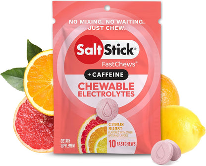 SaltStick Chewable Electrolytes with Caffeine - 120 Citrus Burst Chewable Tablets - Just Chew It, Electrolyte Chews for Hydration, Salt Chews - 12 Packets of 10 Tablets Each