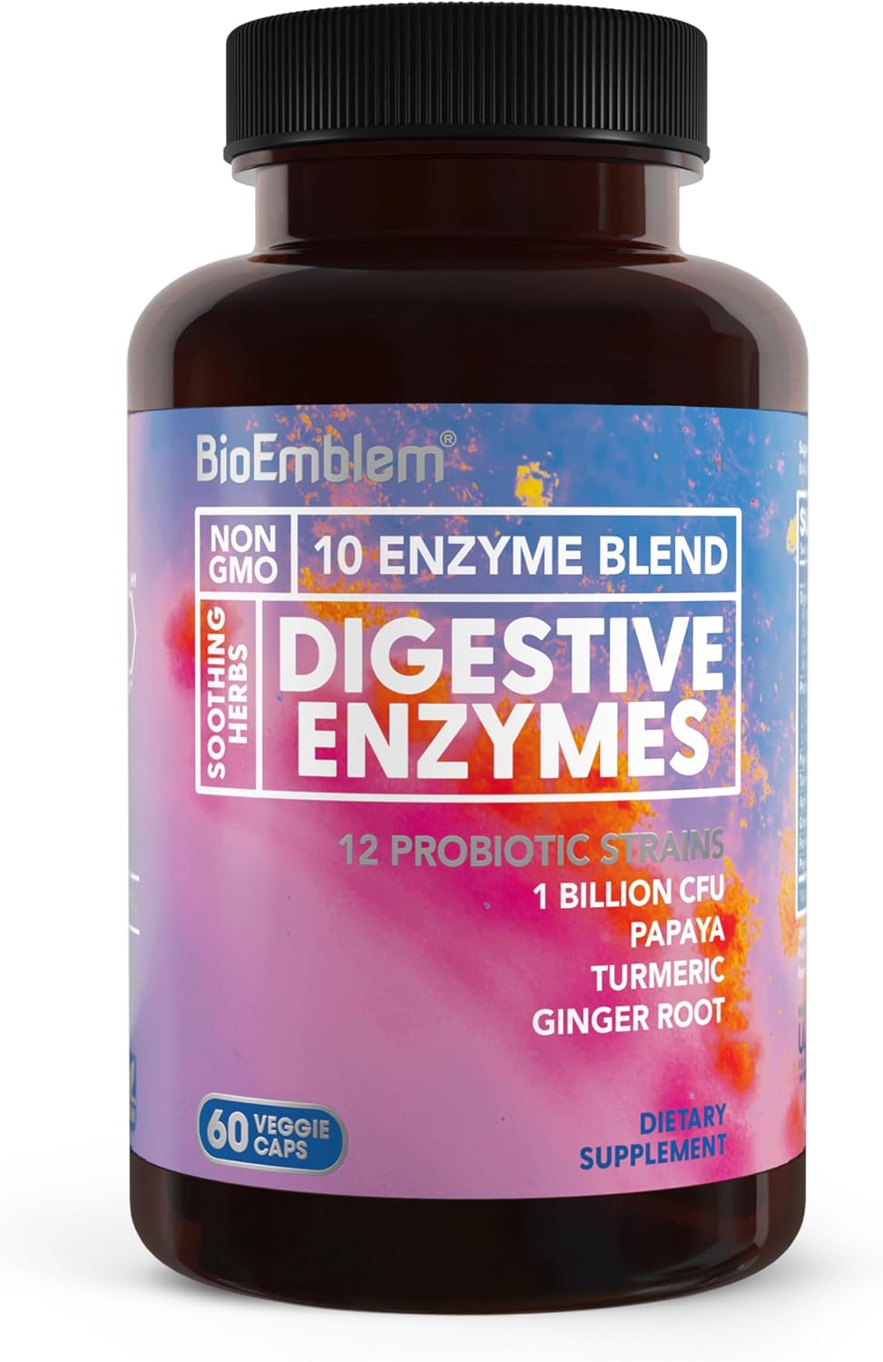BioEmblem Digestive Enzymes - 10 Enzymes w/ 12 Strain 1 Billion CFU Probiotics for Nutrient Absorption & Digestive Support - Papaya, Bromelain & Papain to Help Bloating & Gas - Non-GMO - 60 Capsules