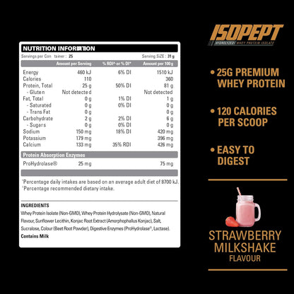 IsoPept Hydrolyzed Whey Protein Powder by EHPlabs - 100% Whey Protein Isolate & Hydrolysate, 27g of Protein, Non-GMO, Gluten Free, Fast Absorbing, Easy Digesting, 27 Serves (Strawberry Milkshake)