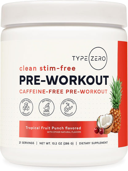 Type Zero Clean Stim Free Pre Workout Powder (Tropical Fruit Punch) 21 Serv | Nitric Oxide Booster with L-Citrulline Malate, Arginine AKG, Beta Alanine, Caffeine & Stimulant Free
