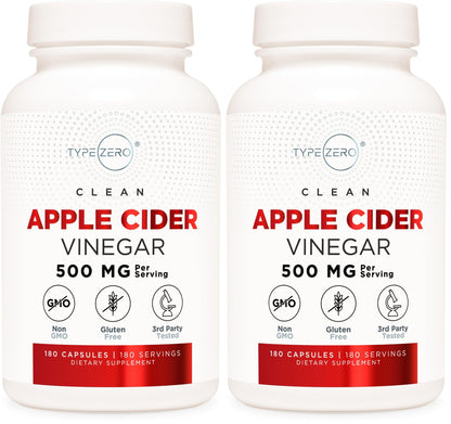 Type Zero Apple Cider Vinegar Capsules (500mg) 180 Capsules, Gluten-Free | GMO-Free Supplement