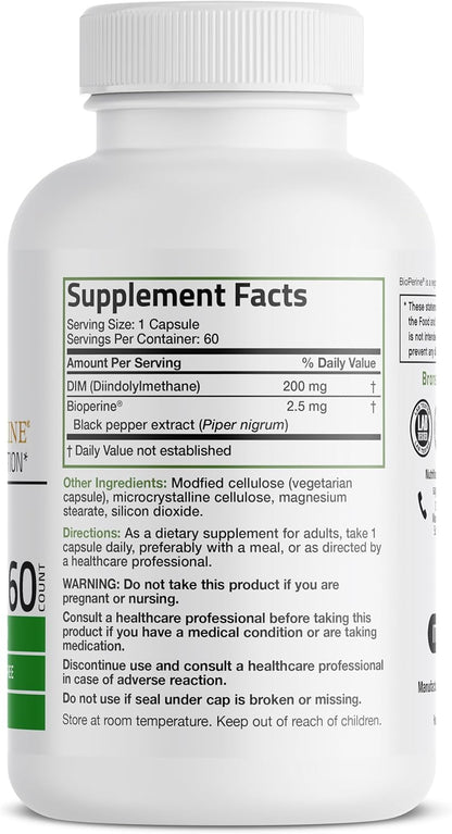 Bronson DIM 200 MG Supplement Diindolymethane with BioPerine for Enhanced Absorption, Estrogen Metabolism & Maintains Balanced Hormone Levels, 60 Vegetarian Capsules