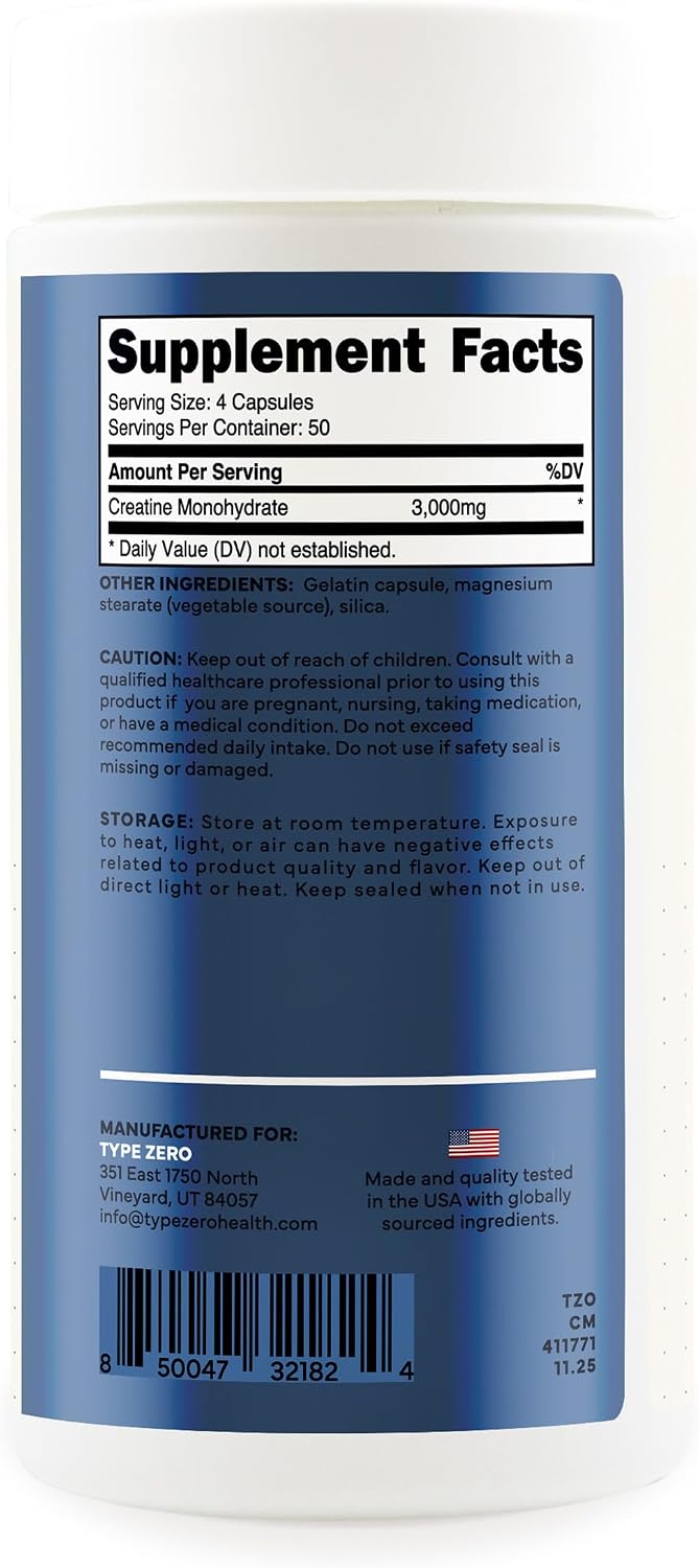 Type Zero Clean Creatine Monohydrate Capsules (3,000mg) 200 Count | Pure Micronized Creatine Supplement, 50 Servings