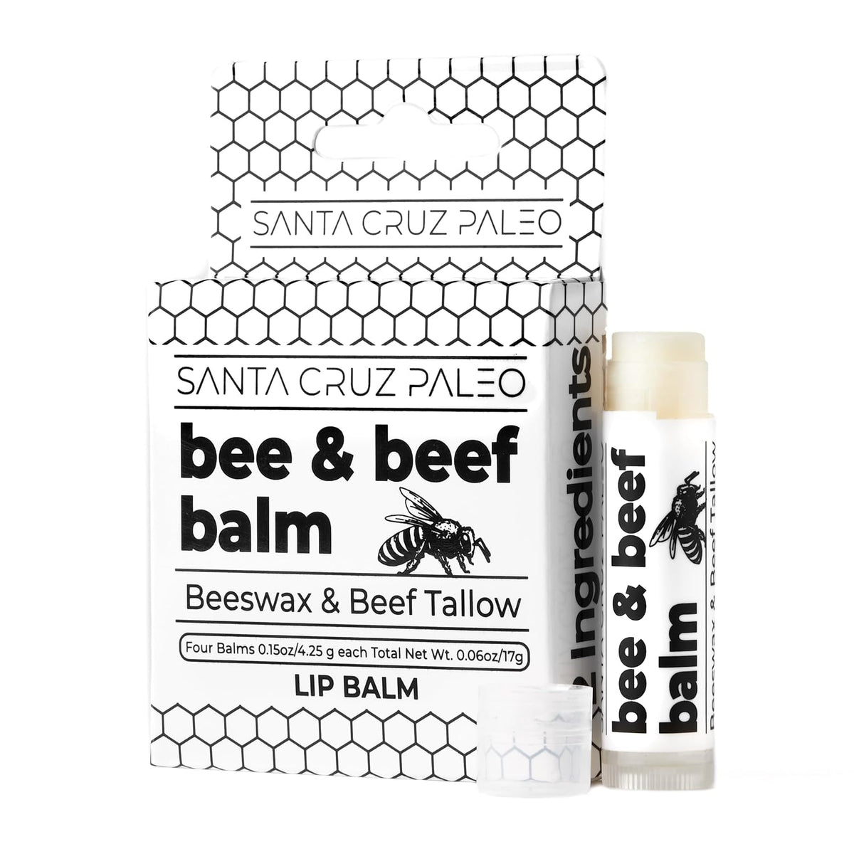 Santa Cruz Paleo Grass Fed Beef Tallow & Beeswax Lip Balm, 1 Pack, Beef Tallow for Skin Care Moisturizer, Hypoallergenic for Sensitive Skin, Long Lasting & Vitamin Rich, Unflavored