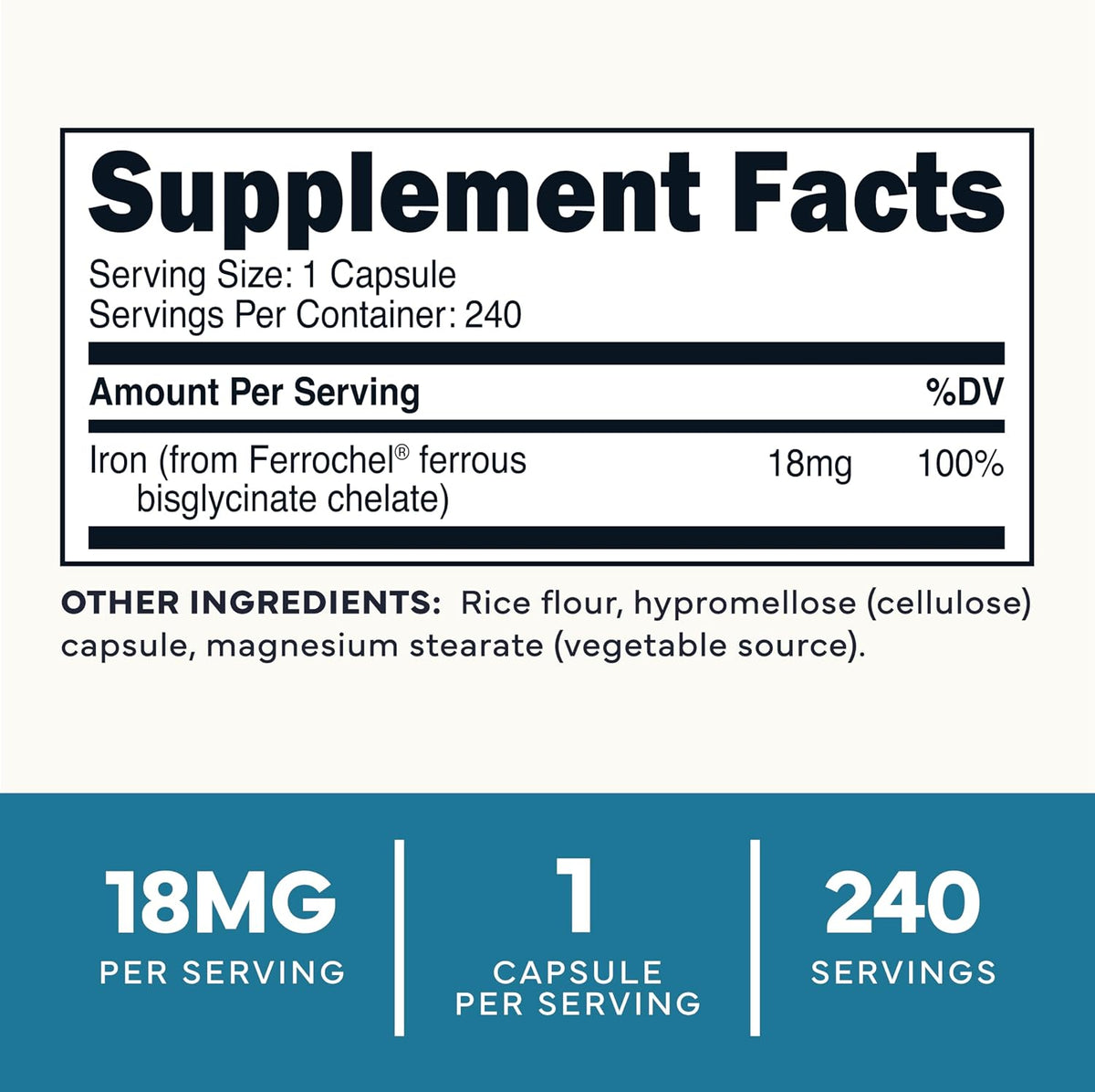 Type Zero Iron Chelate (18mg) 240 Capsules, Gluten-Free, GMO-Free | From Ferrochel Ferrous Bisglycinate Chelate