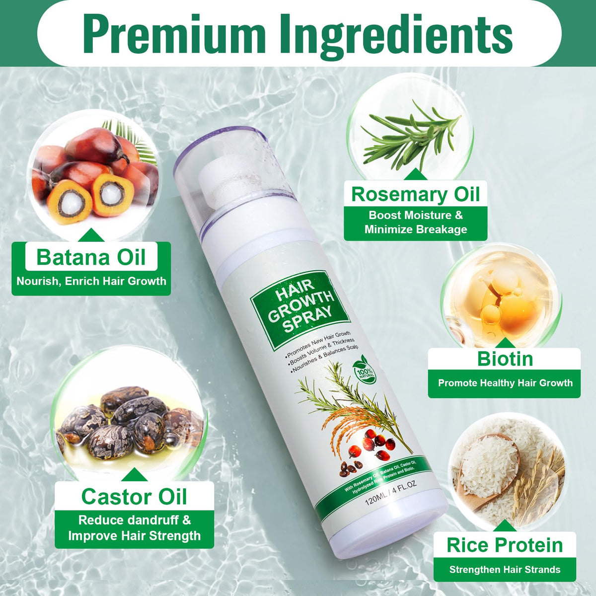 Hair Growth Serum Spray, Natural Hair Growth Spray With Biotin, Batana, Rosemary, and Castor Oil, Caffeine Ginseng Scalp Care Treatment, Thinning Hair Regrowth Thickening for Women Men 4 Fl Oz