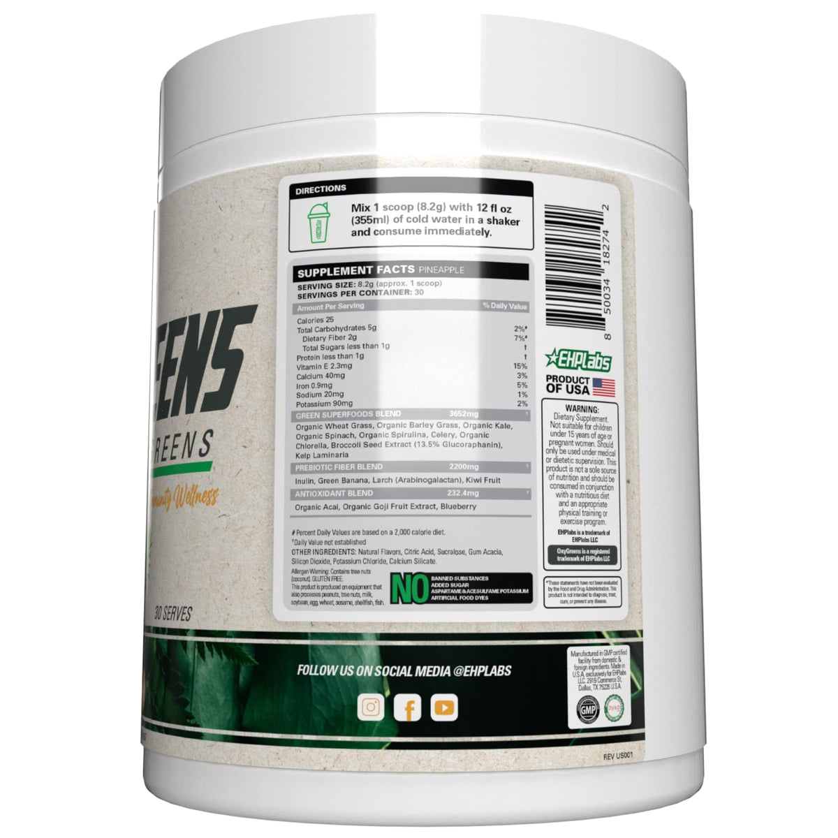 EHP Labs OxyGreens Super Greens Powder with Spirulina & Chlorella, Prebiotic Fiber, Probiotics & Digestive Enzymes – Antioxidant Green Superfood Supplement - 15 Serves (Pineapple)