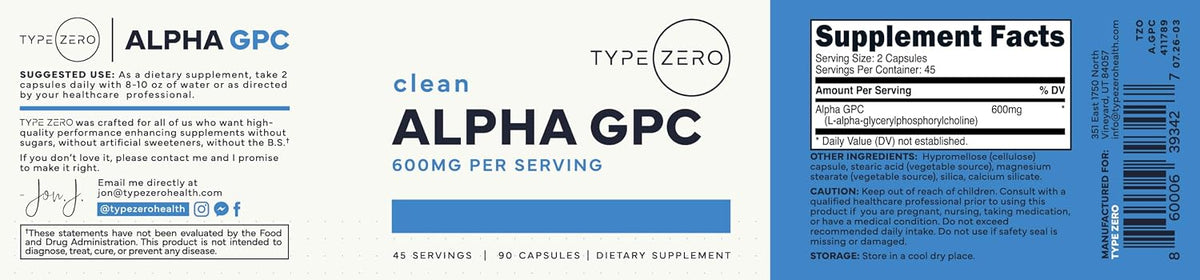 Type Zero Ultra Clean Alpha GPC Choline Supplement (600mg) 90 Capsules | Soy Free, GMO-Free Nootropics Alpha GPC 600mg / 300mg, Brain Memory and Focus Supplements, 45 Servings