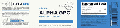 Type Zero Ultra Clean Alpha GPC Choline Supplement (600mg) 90 Capsules | Soy Free, GMO-Free Nootropics Alpha GPC 600mg / 300mg, Brain Memory and Focus Supplements, 45 Servings
