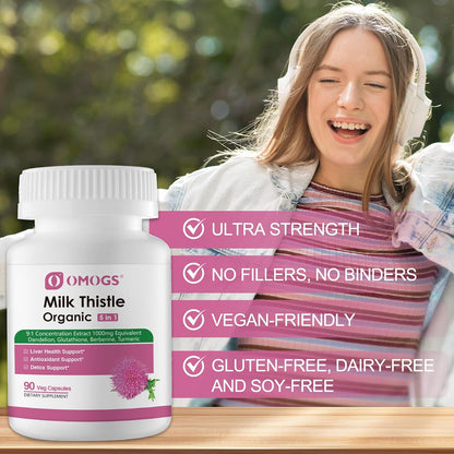 OMOGS Organic Milk Thistle, Herbal Liver Support Milk Thistle Supplement, with Dandelion Root, Glutathione, Berberine HCL &Turmeric, Support Liver Cleanse Detox & Repair, 90 Capsules