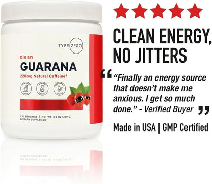 Type Zero Clean Guarana Powder Drink Mix (Unflavored) 250 Servings | 220mg Caffeine Per Serving, Natural Caffeine, Gluten-Free, GMO-Free