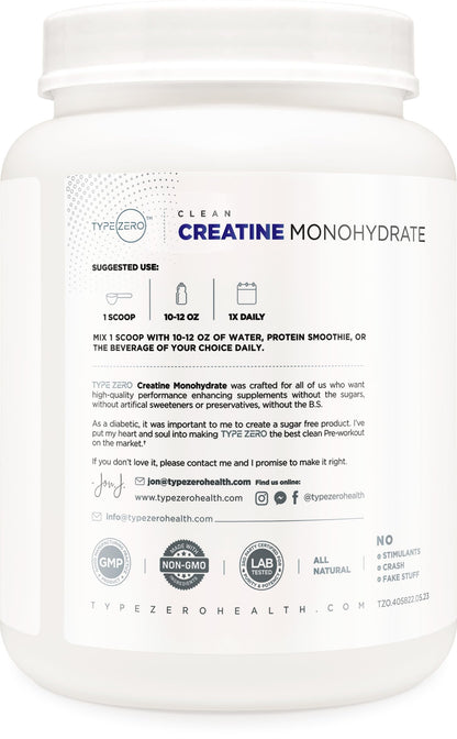 Type Zero Creatine Monohydrate Powder (Unflavored) 500 Grams, Micronized | 5000mg Per Serving, Zero Sugar, Keto Friendly & Gluten-Free, 100 Servings