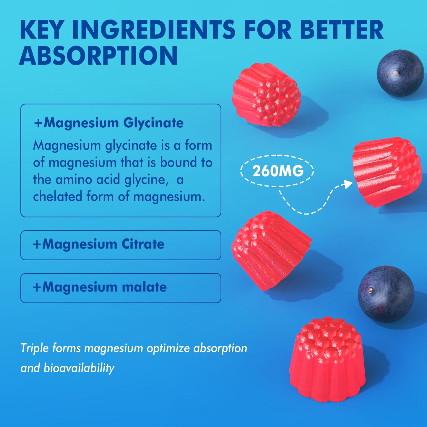 Magnesium Gummies - Triple Magnesium Complex, Magnesium Glycinate Gummies | Magnesium Glycinate, Malate, Citrate w/ D3 B6 B12, for Calm
