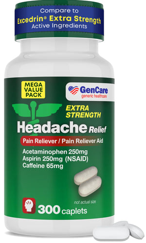 GenCare - Headache Relief Acetaminophen with Aspirin (NSAID) & Caffeine (300 Caplets) Value Pack | Head Pain, Muscle Aches, Back Pain & Body | Generic ExcedrEn Extra Strength GenCare buy supplements Au