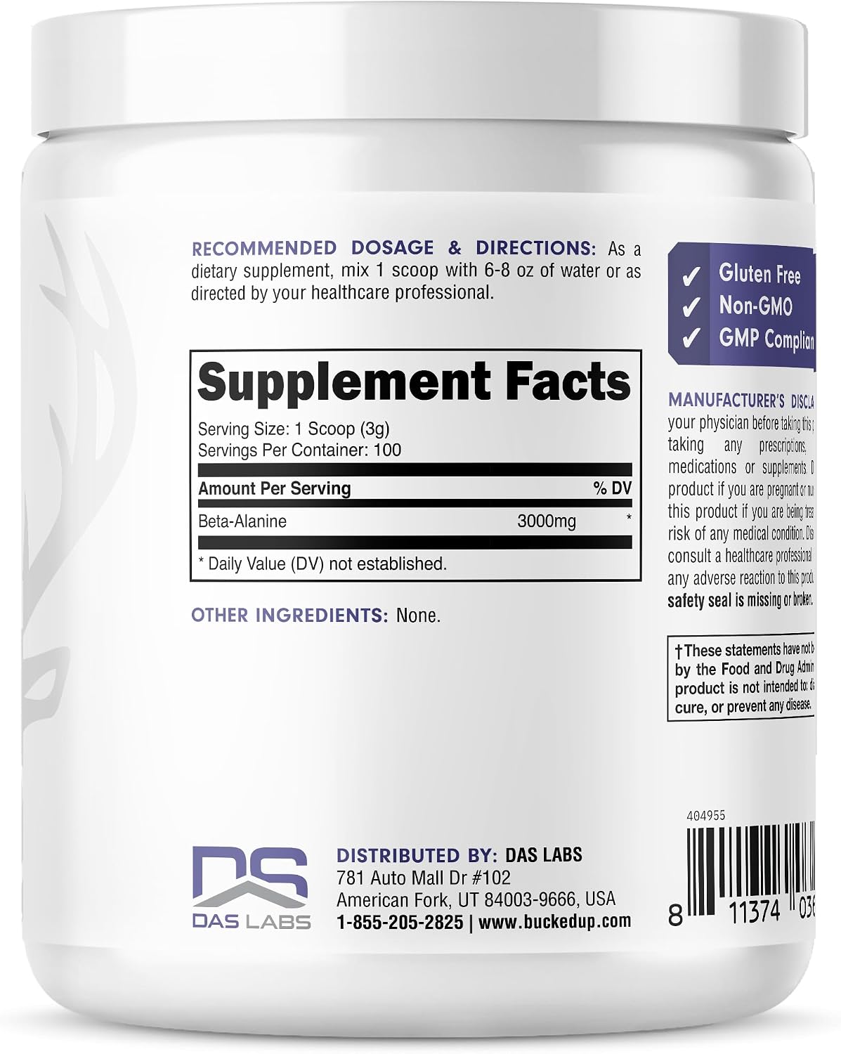 Bucked Up Beta Alanine 300mg Powder, Non-GMO, Gluten-Free, Unflavored (100 Servings)