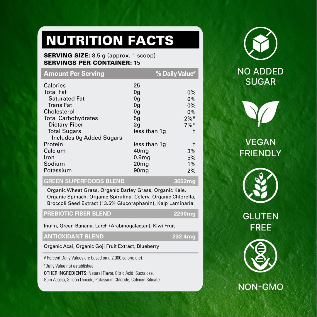 EHP Labs OxyGreens Super Greens Powder with Spirulina & Chlorella, Prebiotic Fiber, Probiotics & Digestive Enzymes – Antioxidant Green Superfood Supplement - 15 Serves (Pineapple)