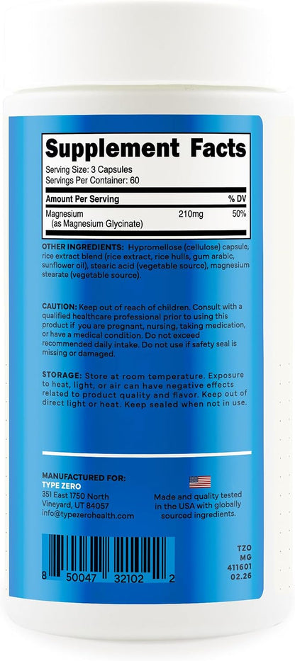Type Zero Magnesium Glycinate (210mg) 180 Capsules, Gluten-Free, GMO-Free | Natural High Absorption Magnesium Supplement
