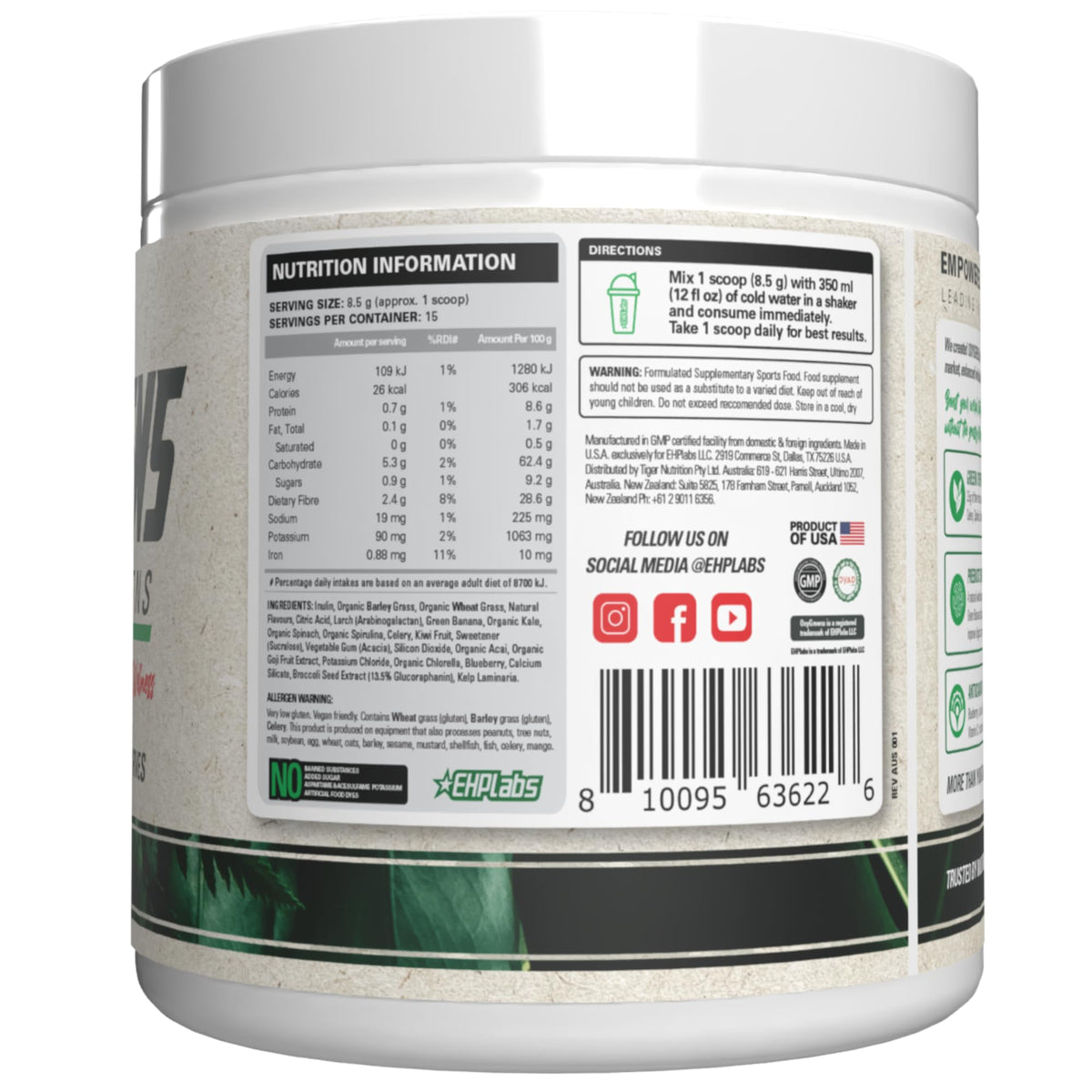 EHP Labs OxyGreens Super Greens Powder with Spirulina & Chlorella, Prebiotic Fiber, Probiotics & Digestive Enzymes – Antioxidant Green Superfood Supplement - 15 Serves (Pineapple)