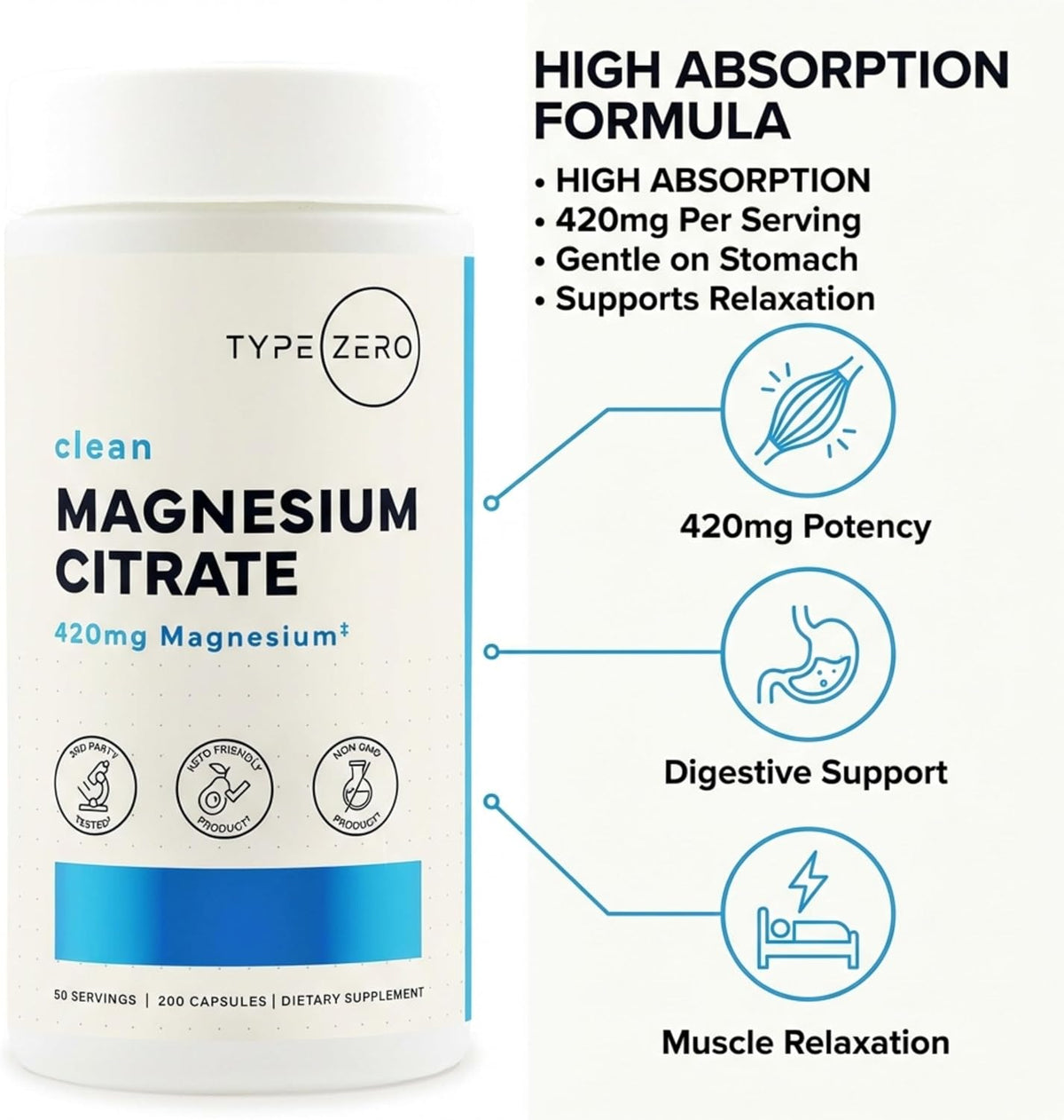 Type Zero Clean Magnesium Citrate (420mg) 200 Capsules, Gluten-Free | Pure Magnesium Citrate Supplement, GMO-Free, 50 Servings