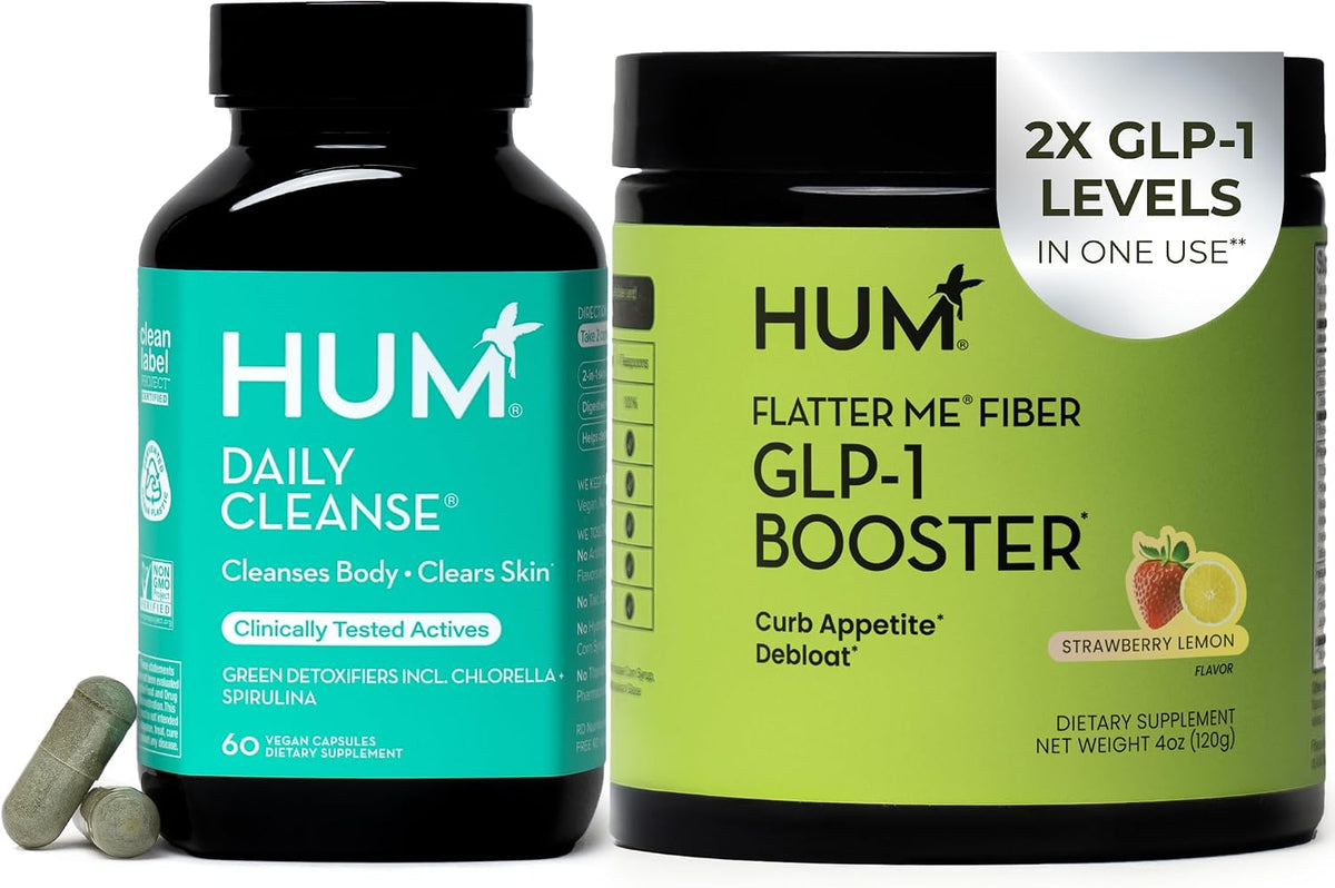 HUM Flatter Me GLP-1 Fiber Daily Cleanse Detox Bundle – Appetite Control, Bloating Relief, Clear Skin, Gut Health & Natural Detox with Zinc, Spirulina & Herbs for Women & Men