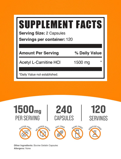 BulkSupplements.com Acetyl L-Carnitine Capsules - ALCAR HCl, Carnitine Supplement - ALCAR Capsules, Acetyl L-Carnitine 1500mg - Gluten Free, 2 Capsules per Serving, 240 Capsules