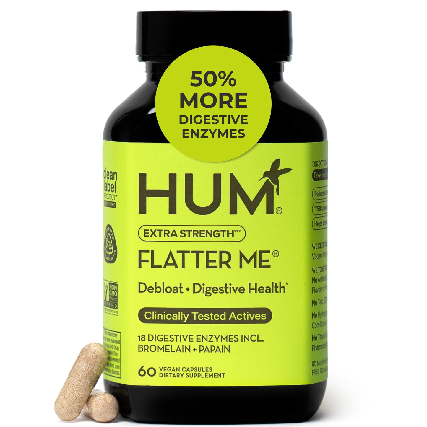 HUM Flatter Me Extra Strength Digestive Enzymes for Women, Men, Digestive Gut Bloating Supplement, Ginger, Peppermint Leaf, Fast Acting Anti Bloat