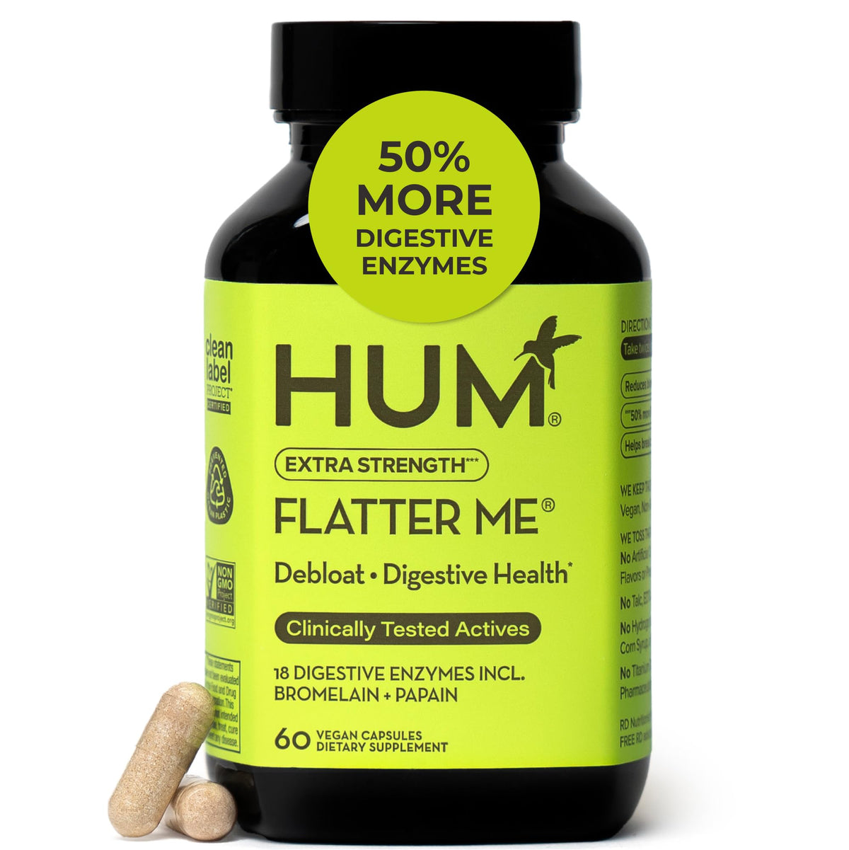 HUM Flatter Me Digestive Enzymes, Digestion & Bloating Support, 60 Count