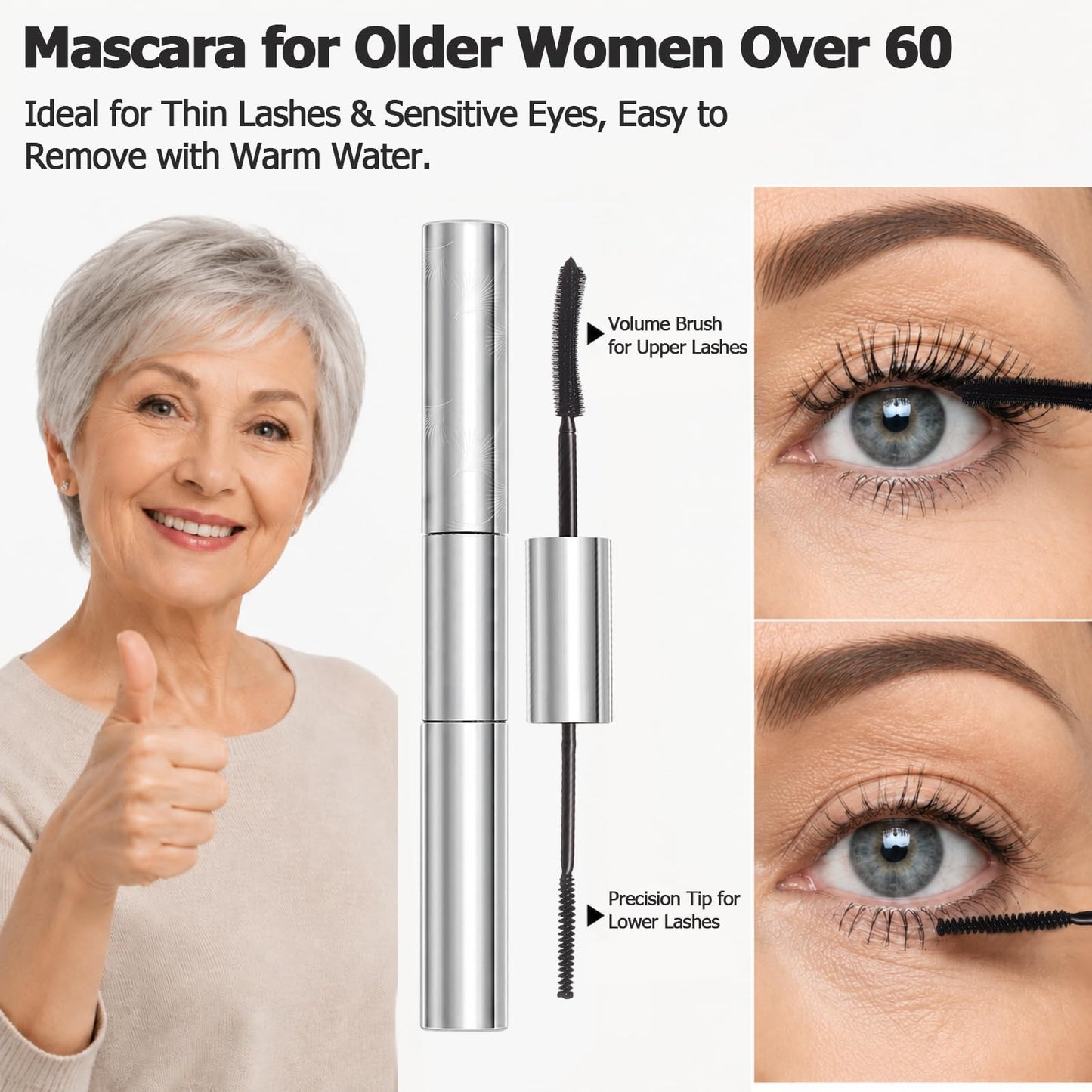Tubing Mascara for Older Women 60 Plus, Double Ended Black Mascara, Lengthening Volumizing 2-in-1 Mascara for Short Multi-layered Lashes, Smudge Proof Easy Warm Water