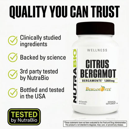 NutraBio Citrus Bergamot Bergamonte Extract Supplement, 1,000mg - May Help Promote Cardiovascular Health and Wellness, 90 Capsules
