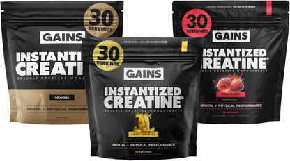 Gains in Bulk Intantized Creatine Bundle, Soluble Pre Workout Powder, Supports Muscle Building, Strength and Performance, Unflavored, Raspberry and Sweet Lemonade, 90 Servings