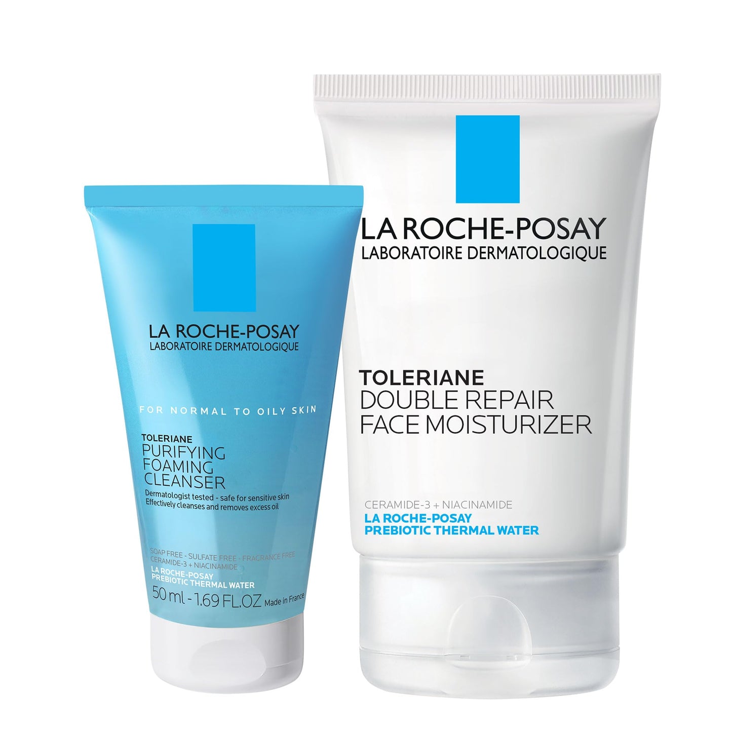 La Roche-Posay Toleraine Skin Care Set, Double Repair Face Moisturizer 100ml & Purifying Foaming Facial Cleanser 50ml, Oil Free Moisturizer & Face Wash For Oily Skin,