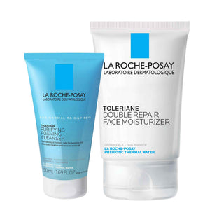 La Roche-Posay Toleraine Skin Care Set, Double Repair Face Moisturizer 100ml & Purifying Foaming Facial Cleanser 50ml, Oil Free Moisturizer & Face Wash For Oily Skin,