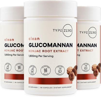 Type Zero Clean Glucomannan Konjac Root Extract (1,800mg) 90 Capsules | Gluten-Free, GMO-Free, 30 Servings
