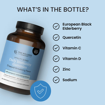 The Wellness Company Daily Immunity Gummies – Delicious Immune Boost - Elderberry, Zinc, Quercetin, Vitamins C & D | 120ct (2 Month Supply)