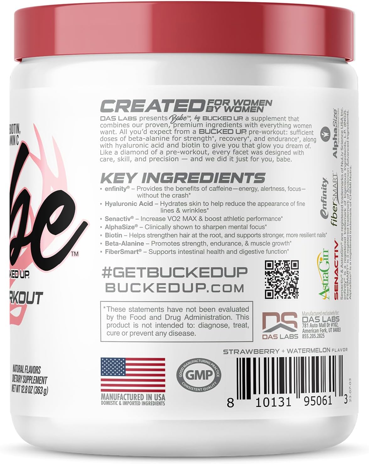 Babe Pre Workout powder for Women | Watermelon Splash | 6g Citrulline, 2g Beta-Alanine, 100mg Hyaluronic Acid, 5mg Biotin and 5 other registered trademarked ingredients | 30 servings | 12.8 OZ