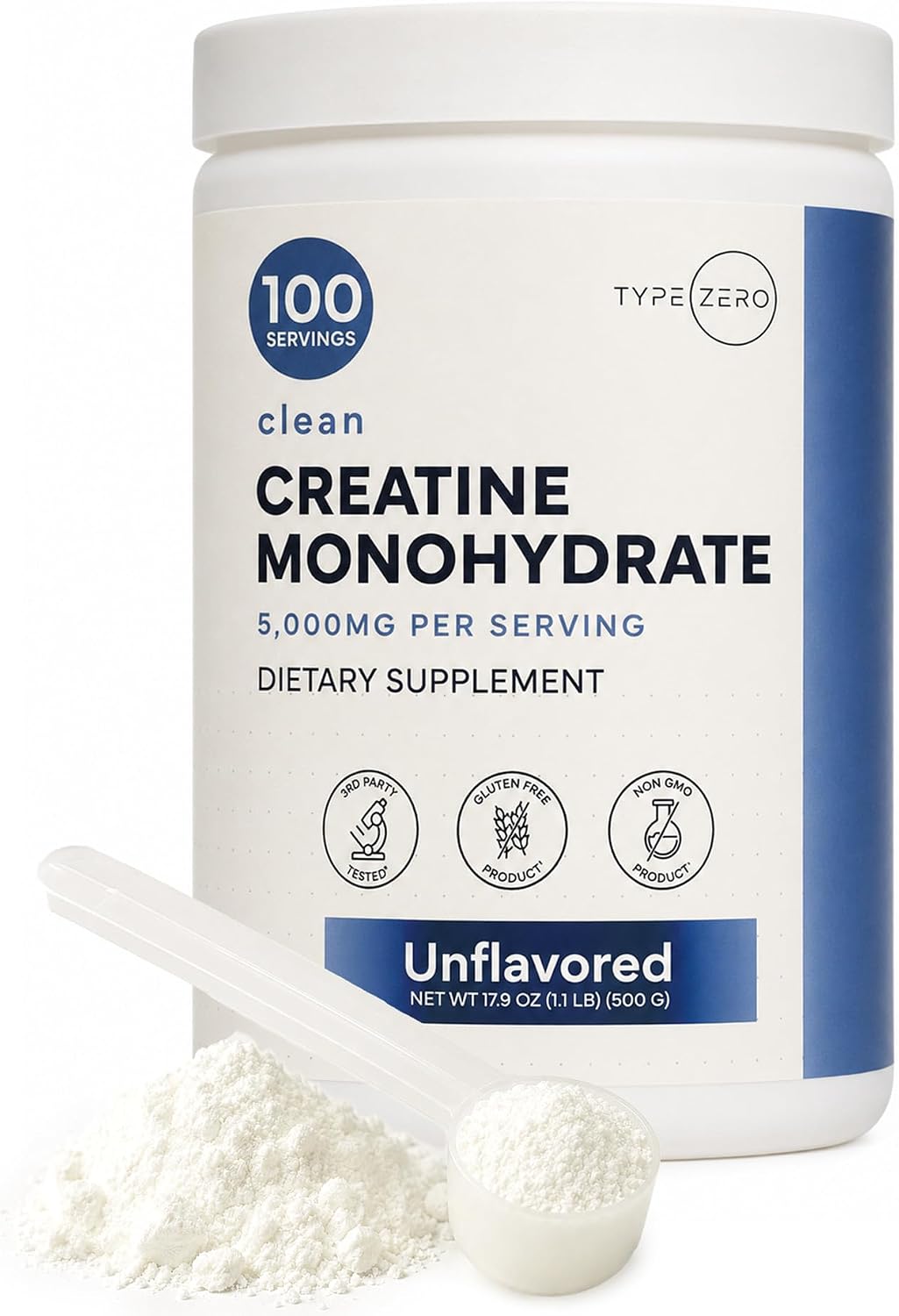 Type Zero Creatine Monohydrate Powder (Unflavored) 500 Grams, Micronized | 5000mg Per Serving, Zero Sugar, Keto Friendly & Gluten-Free, 100 Servings