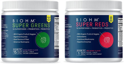 BIOHM Super Reds and Greens Bundle, Superfood Powder with Probiotics and Digestive Enzymes, Packed with Antioxidants and Polyphenols, Allergen Free, Non-GMO, Vegan - 30 Servings Each