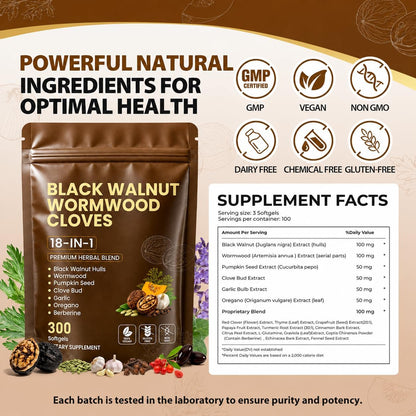 18-in-1 Wormwood Black Walnut Clove Herbal Cleanse Supplement |300 Softgels