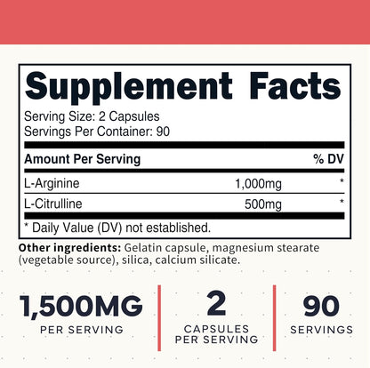 Type Zero L-Arginine + L-Citrulline Supplement (1500mg) 180 Capsules | Nitric Oxide Booster, Clean, Keto-Friendly, GMO-Free, 90 Servings