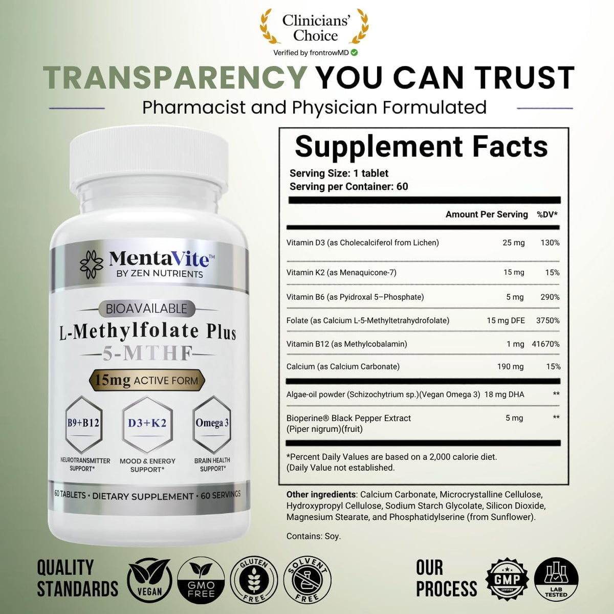 L-Methylfolate 15 mg Liposomal Matrix - Active 5-MTHF with Methylcobalamin (B12), B9, Omega 3, D3 + K2 - Methyl Folate Supplement Supports Mood, Methylation, Cognition, Vegan, 60 Tablets/Servings