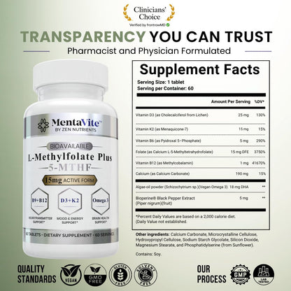 L-Methylfolate 15 mg Liposomal Matrix - Active 5-MTHF with Methylcobalamin (B12), B9, Omega 3, D3 + K2 - Methyl Folate Supplement Supports Mood, Methylation, Cognition, Vegan, 60 Tablets/Servings